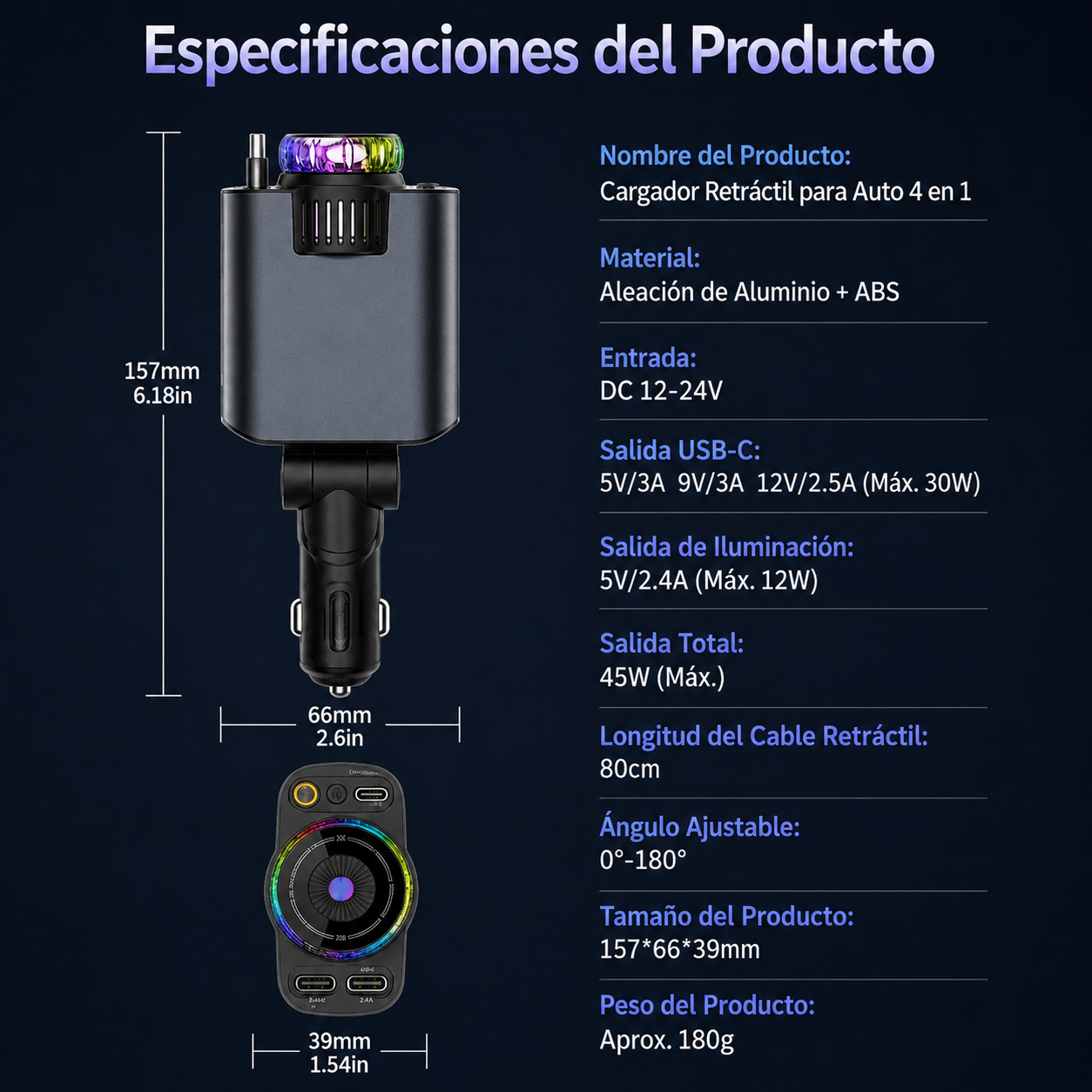 SmartCar 4 en 1™ – Cargador Retráctil con Aroma, RGB y Proyector de Estrellas