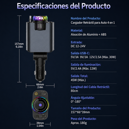 SmartCar 4 en 1™ – Cargador Retráctil con Aroma, RGB y Proyector de Estrellas