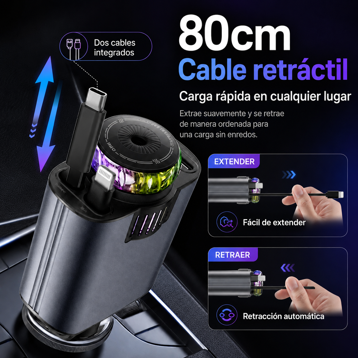 SmartCar 4 en 1™ – Cargador Retráctil con Aroma, RGB y Proyector de Estrellas