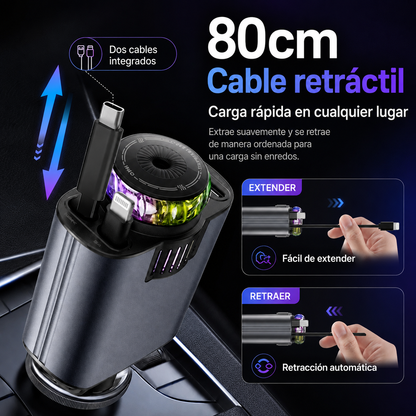 SmartCar 4 en 1™ – Cargador Retráctil con Aroma, RGB y Proyector de Estrellas