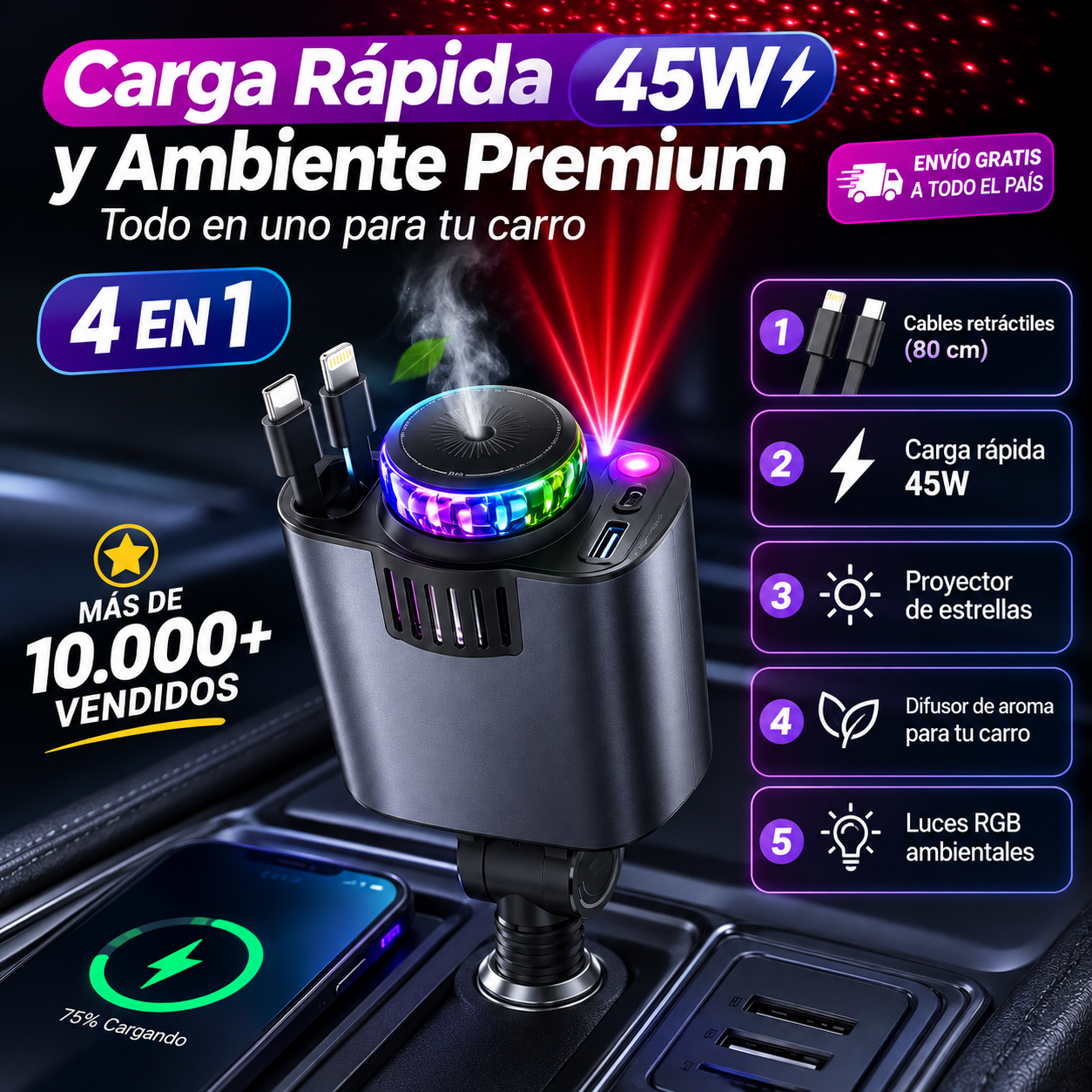 SmartCar 4 en 1™ – Cargador Retráctil con Aroma, RGB y Proyector de Estrellas