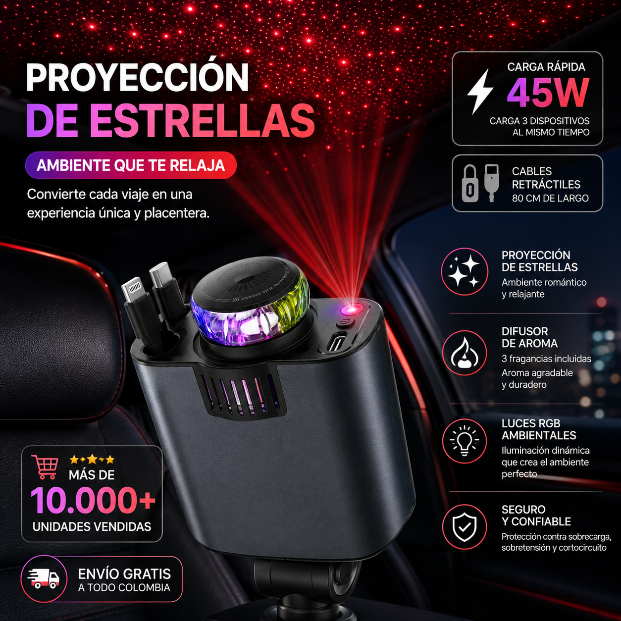 SmartCar 4 en 1™ – Cargador Retráctil con Aroma, RGB y Proyector de Estrellas