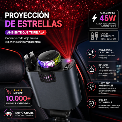 SmartCar 4 en 1™ – Cargador Retráctil con Aroma, RGB y Proyector de Estrellas
